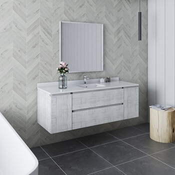 Fresca Formosa 60" Wall Hung Single Sink Modern Bathroom Vanity Set w/ Mirror in Rustic White Finish, Base Cabinet: 60" W x 20-3/8" D x 20-5/16" H