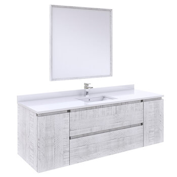 Fresca Formosa 60" Wall Hung Single Sink Modern Bathroom Vanity Set w/ Mirror in Rustic White Finish, Base Cabinet: 60" W x 20-3/8" D x 20-5/16" H