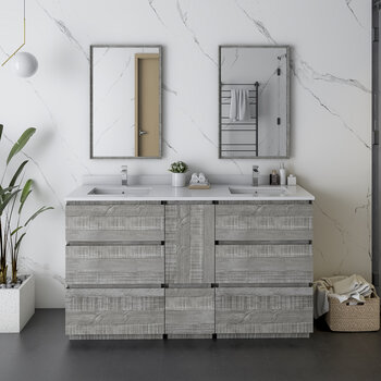 Fresca Formosa 60" Floor Standing Double Sink Modern Bathroom Vanity Set w/ Mirrors in Ash Finish, Base Cabinet: 60" W x 20-3/8" D x 34-7/8" H