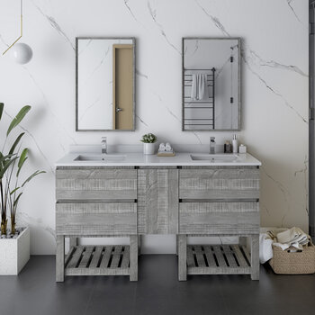Fresca Formosa 60" Floor Standing Double Sink Modern Bathroom Vanity Set w/ Open Bottom & Mirrors in Ash Finish, Base Cabinet: 60" W x 20-3/8" D x 34-7/8" H