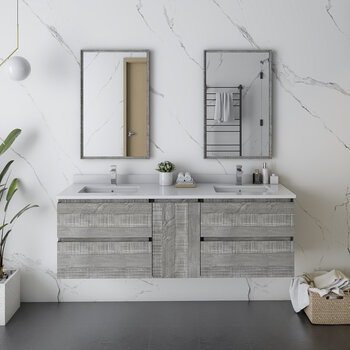 Fresca Formosa 60" Wall Hung Double Sink Modern Bathroom Vanity Set w/ Mirrors in Ash Finish, Base Cabinet: 60" W x 20-3/8" D x 20-5/16" H