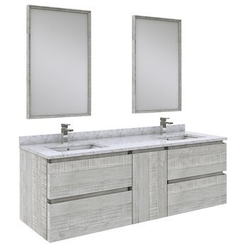 Fresca Formosa 60" Wall Hung Double Sink Modern Bathroom Vanity Set w/ Mirrors in Ash Finish, Base Cabinet: 60" W x 20-3/8" D x 20-5/16" H