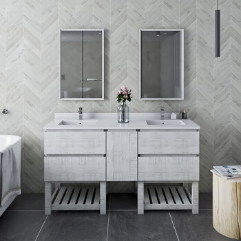 Fresca Formosa 60" Floor Standing Double Sink Modern Bathroom Vanity Set w/ Open Bottom & Mirrors in Rustic White Finish, Base Cabinet: 60" W x 20-3/8" D x 34-7/8" H