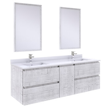 Fresca Formosa 60" Wall Hung Double Sink Modern Bathroom Vanity Set w/ Mirrors in Rustic White Finish, Base Cabinet: 60" W x 20-3/8" D x 20-5/16" H