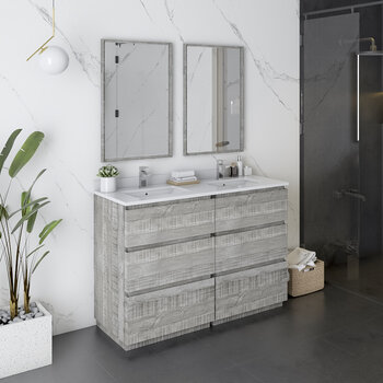 Fresca Formosa 48" Floor Standing Double Sink Modern Bathroom Vanity Set w/ Mirrors in Ash Finish, Base Cabinet: 48" W x 20-3/8" D x 34-7/8" H, 6 Drawers