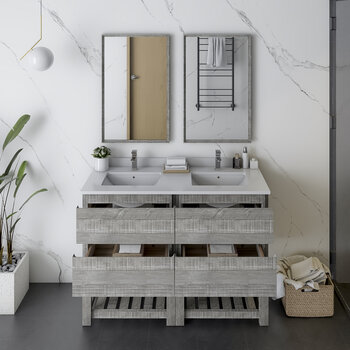 Fresca Formosa 48" Floor Standing Double Sink Modern Bathroom Vanity Set w/ Open Bottom & Mirrors in Ash Finish, Base Cabinet: 48" W x 20-3/8" D x 34-7/8" H, 4 Drawers