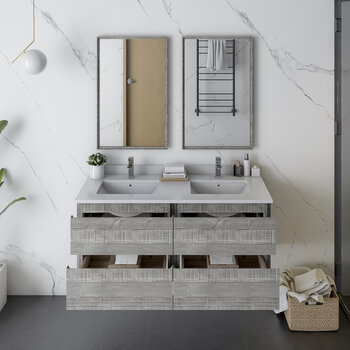 Fresca Formosa 48" Wall Hung Double Sink Modern Bathroom Vanity Set w/ Mirrors in Ash Finish, Base Cabinet: 48" W x 20-3/8" D x 20-5/16" H, 4 Drawers