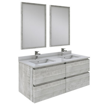 Fresca Formosa 48" Wall Hung Double Sink Modern Bathroom Vanity Set w/ Mirrors in Ash Finish, Base Cabinet: 48" W x 20-3/8" D x 20-5/16" H, 4 Drawers