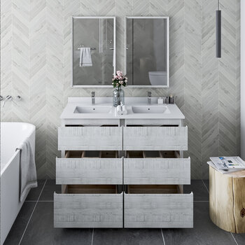 Fresca Formosa 48" Floor Standing Double Sink Modern Bathroom Vanity Set w/ Mirrors in Rustic White Finish, Base Cabinet: 48" W x 20-3/8" D x 34-7/8" H, 6 Drawers