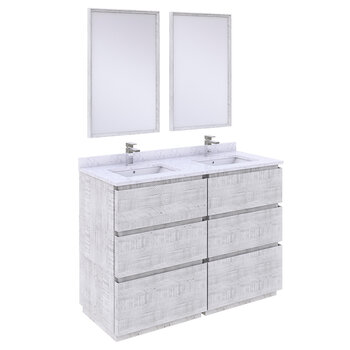Fresca Formosa 48" Floor Standing Double Sink Modern Bathroom Vanity Set w/ Mirrors in Rustic White Finish, Base Cabinet: 48" W x 20-3/8" D x 34-7/8" H, 6 Drawers