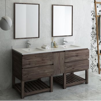 Fresca Formosa 72" Floor Standing Double Sink Modern Bathroom Vanity Set w/ Open Bottom & Mirrors, Base Cabinet: 72" W x 20-3/8" D x 34-7/8" H