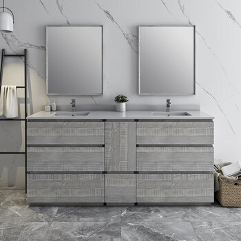 Fresca Formosa 72" Floor Standing Double Sink Modern Bathroom Vanity Set w/ Mirrors in Ash Finish, Base Cabinet: 72" W x 20-3/8" D x 34-7/8" H