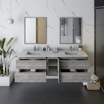 Fresca Formosa 72" Wall Hung Double Sink Modern Bathroom Vanity Set w/ Mirrors in Ash Finish, Base Cabinet: 72" W x 20-3/8" D x 20-5/16" H