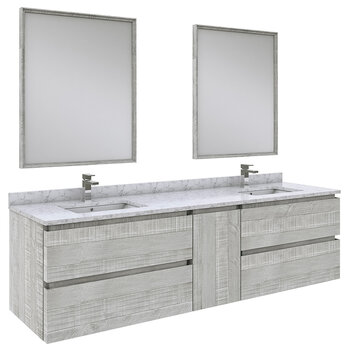 Fresca Formosa 72" Wall Hung Double Sink Modern Bathroom Vanity Set w/ Mirrors in Ash Finish, Base Cabinet: 72" W x 20-3/8" D x 20-5/16" H