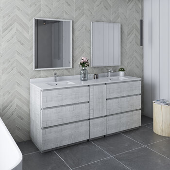 Fresca Formosa 72" Floor Standing Double Sink Modern Bathroom Vanity Set w/ Mirrors in Rustic White Finish, Base Cabinet: 72" W x 20-3/8" D x 34-7/8" H