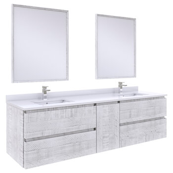 Fresca Formosa 72" Wall Hung Double Sink Modern Bathroom Vanity Set w/ Mirrors in Rustic White Finish, Base Cabinet: 72" W x 20-3/8" D x 20-5/16" H