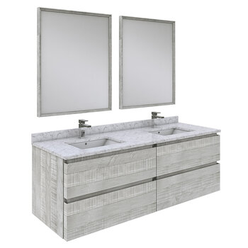 Fresca Formosa 60" Wall Hung Double Sink Modern Bathroom Vanity Set w/ Mirrors in Ash Finish, Base Cabinet: 60" W x 20-3/8" D x 20-5/16" H, 4 Drawers