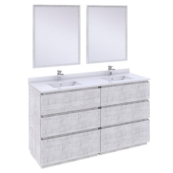Fresca Formosa 60" Floor Standing Double Sink Modern Bathroom Vanity Set w/ Mirrors in Rustic White Finish, Base Cabinet: 60" W x 20-3/8" D x 34-7/8" H, 6 Drawers
