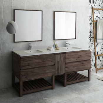 Fresca Formosa 84" Floor Standing Double Sink Modern Bathroom Vanity Set w/ Open Bottom & Mirrors, Base Cabinet: 84" W x 20-3/8" D x 34-7/8" H