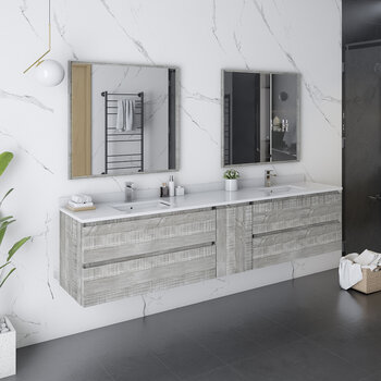 Fresca Formosa 84" Wall Hung Double Sink Modern Bathroom Vanity Set w/ Mirrors in Ash Finish, Base Cabinet: 84" W x 20-3/8" D x 20-5/16" H