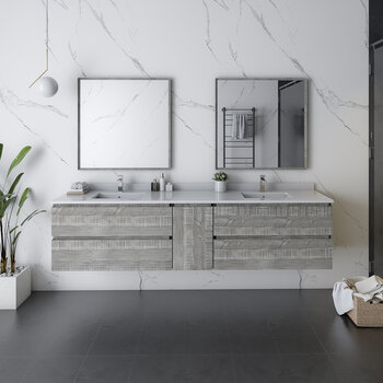 Fresca Formosa 84" Wall Hung Double Sink Modern Bathroom Vanity Set w/ Mirrors in Ash Finish, Base Cabinet: 84" W x 20-3/8" D x 20-5/16" H