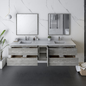 Fresca Formosa 84" Wall Hung Double Sink Modern Bathroom Vanity Set w/ Mirrors in Ash Finish, Base Cabinet: 84" W x 20-3/8" D x 20-5/16" H