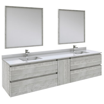 Fresca Formosa 84" Wall Hung Double Sink Modern Bathroom Vanity Set w/ Mirrors in Ash Finish, Base Cabinet: 84" W x 20-3/8" D x 20-5/16" H