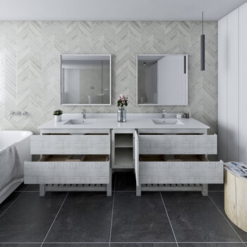 Fresca Formosa 84" Floor Standing Double Sink Modern Bathroom Vanity Set w/ Open Bottom & Mirrors in Rustic White Finish, Base Cabinet: 84" W x 20-3/8" D x 34-7/8" H