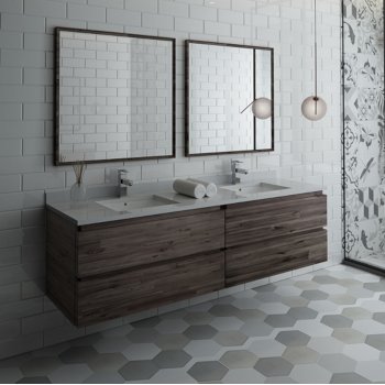 Fresca Formosa 72" Wall Hung Double Sink Modern Bathroom Vanity Set w/ Mirrors, Base Cabinet: 72" W x 20-3/8" D x 20-5/16" H