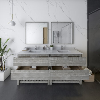 Fresca Formosa 72" Floor Standing Double Sink Modern Bathroom Vanity Set w/ Open Bottom & Mirrors in Ash Finish, Base Cabinet: 72" W x 20-3/8" D x 34-7/8" H, 4 Drawers