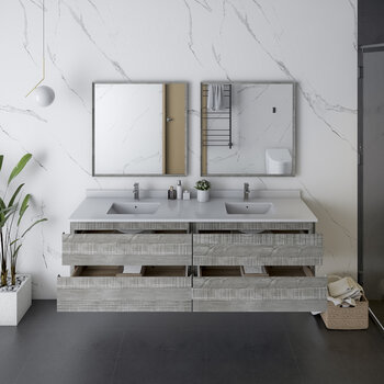 Fresca Formosa 72" Wall Hung Double Sink Modern Bathroom Vanity Set w/ Mirrors in Ash Finish, Base Cabinet: 72" W x 20-3/8" D x 20-5/16" H, 4 Drawers