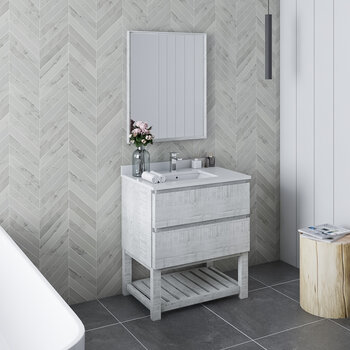 Fresca Formosa 30" Floor Standing Modern Bathroom Vanity Set w/ Open Bottom & Mirror in Rustic White Finish, Base Cabinet: 30" W x 20-3/8" D x 34-7/8" H