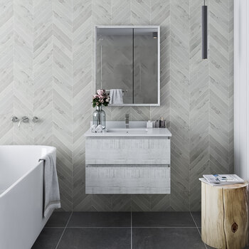 Fresca Formosa 30" Wall Hung Modern Bathroom Vanity Set w/ Mirror in Rustic White Finish, Base Cabinet: 30" W x 20-3/8" D x 20-5/16" H