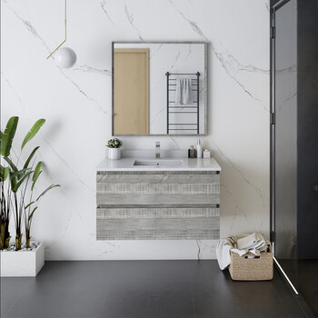 Fresca Formosa 36" Wall Hung Modern Bathroom Vanity Set w/ Mirror in Ash Finish, Base Cabinet: 36" W x 20-3/8" D x 20-5/16" H