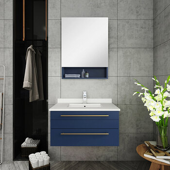 Fresca Lucera 30" Royal Blue Wall Hung Undermount Sink Modern Bathroom Vanity Set w/ Medicine Cabinet, Vanity: 30"W x 20-2/5"D x 15-4/5"H, Medicine Cabinet: 24"W x 31-1/2"H x 6"D