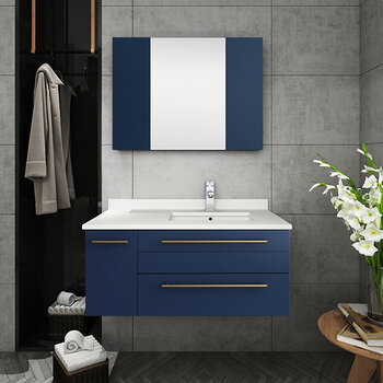 Fresca Lucera 36" Royal Blue Wall Hung Undermount Sink Modern Bathroom Vanity Set w/ Medicine Cabinet - Right Version, Vanity: 36"W x 20-2/5"D x 15-4/5"H, Medicine Cabinet: 31-1/2"W x 23-3/5"H x 6"D