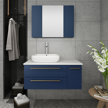 Fresca Lucera 36" Royal Blue Wall Hung Vessel Sink Modern Bathroom Vanity Set w/ Medicine Cabinet - Left Version, Vanity: 36"W x 20-2/5"D x 20-4/5"H, Medicine Cabinet: 31-1/2"W x 23-3/5"H x 6"D