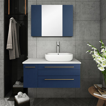 Fresca Lucera 36" Royal Blue Wall Hung Vessel Sink Modern Bathroom Vanity Set w/ Medicine Cabinet - Right Version, Vanity: 36"W x 20-2/5"D x 20-4/5"H, Medicine Cabinet: 31-1/2"W x 23-3/5"H x 6"D
