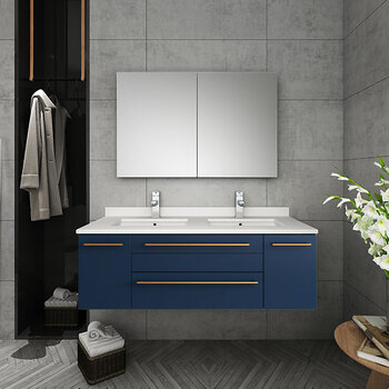 Fresca Lucera 48" Royal Blue Wall Hung Double Undermount Sink Modern Bathroom Vanity Set w/ Medicine Cabinet, Vanity: 48"W x 20-2/5"D x 15-4/5"H, Medicine Cabinet: 39-1/2"W x 26"H x 5"D