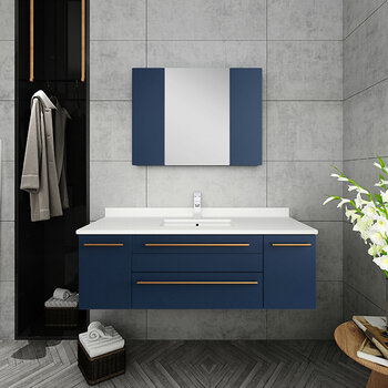 Fresca Lucera 48" Royal Blue Wall Hung Undermount Sink Modern Bathroom Vanity Set w/ Medicine Cabinet, Vanity: 48"W x 20-2/5"D x 15-4/5"H, Medicine Cabinet: 31-1/2"W x 23-3/5"H x 6"D