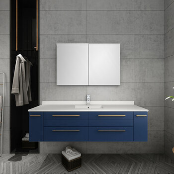 Fresca Lucera 60" Royal Blue Wall Hung Single Undermount Sink Modern Bathroom Vanity Set w/ Medicine Cabinet, Vanity: 60"W x 20-2/5"D x 15-4/5"H, Medicine Cabinet: 39-1/2"W x 26"H x 5"D