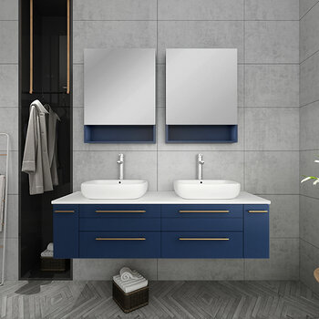 Fresca Lucera 60" Royal Blue Wall Hung Double Vessel Sink Modern Bathroom Vanity Set w/ Medicine Cabinets, Vanity: 60"W x 20-2/5"D x 20-4/5"H, Medicine Cabinet: 24"W x 31-1/2"H x 6"D