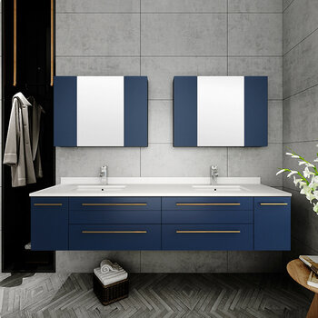 Fresca Lucera 72" Royal Blue Wall Hung Double Undermount Sink Modern Bathroom Vanity Set w/ Medicine Cabinets, Vanity: 72"W x 20-2/5"D x 15-4/5"H, Medicine Cabinet: 31-1/2"W x 23-3/5"H x 6"D