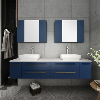 Fresca Lucera 72" Royal Blue Wall Hung Double Vessel Sink Modern Bathroom Vanity Set w/ Medicine Cabinets, Vanity: 72"W x 20-2/5"D x 20-4/5"H, Medicine Cabinet: 31-1/2"W x 23-3/5"H x 6"D