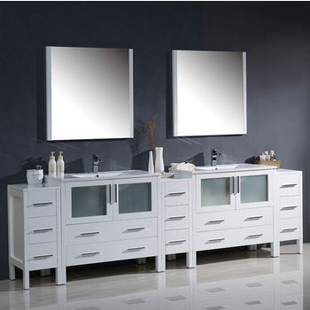 Fresca Torino 108" White Modern Double Sink Bathroom Vanity with 3 Side Cabinets and Integrated Sinks, Dimensions of Vanity: 108" W x 18-1/8" D x 33-3/4" H