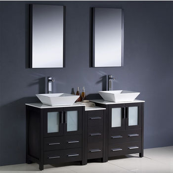 Fresca Torino 60" Espresso Modern Double Sink Bathroom Vanity with Side Cabinet and Vessel Sinks, Dimensions of Vanity: 60" W x 18-1/8" D x 35-5/8" H