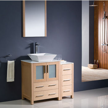 Fresca Torino 36" Light Oak Modern Bathroom Vanity with Side Cabinet and Vessel Sink, Dimensions of Vanity: 36" W x 18-1/8" D x 35-5/8" H