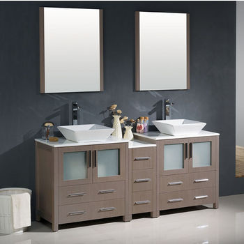 Fresca Torino 72" Gray Oak Modern Double Sink Bathroom Vanity with Side Cabinet and Vessel Sinks, Dimensions of Vanity: 72" W x 18-1/8" D x 35-5/8" H