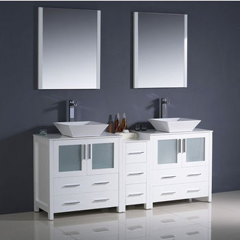 Fresca Torino 72" White Modern Double Sink Bathroom Vanity with Side Cabinet and Vessel Sinks, Dimensions of Vanity: 72" W x 18-1/8" D x 35-5/8" H