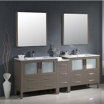 Fresca Torino 84" Gray Oak Modern Double Sink Bathroom Vanity with Side Cabinet and Integrated Sinks, Dimensions of Vanity: 83-1/2" W x 18-1/8" D x 33-3/4" H